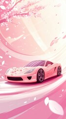 Sleek pink sports car surrounded by whimsical cherry blossoms on a windy pathway, embodying girlhood design theme