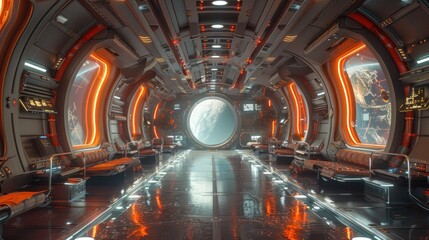 Obraz premium Futuristic Spaceship Interior with Earth View