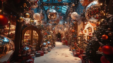 Obraz premium A festive indoor scene designed for the holiday season, showcasing a beautifully decorated walkway lined with Christmas trees adorned with sparkling ornaments and twinkling lights. Large reflective or