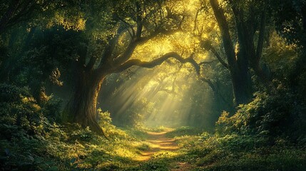 A serene forest scene characterized by tall, majestic trees with expansive canopies creating a dappled light effect on the forest floor. Sunlight streams through the branches, casting rays of light th