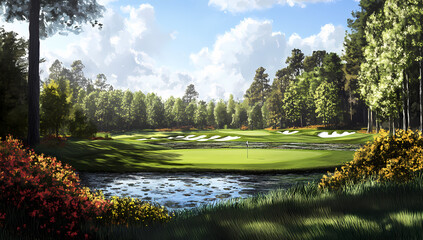 Obraz premium Serene Golf Course Landscape: A picturesque golf course nestled amidst lush greenery, with a tranquil pond reflecting the vibrant sky. The image evokes a sense of peace and relaxation.
