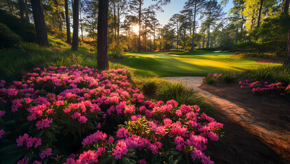 Sunrise at Augusta National Golf Course: A picturesque scene of vibrant pink azaleas blooming at the edge of a lush green golf course, bathed in the warm golden light of sunrise.