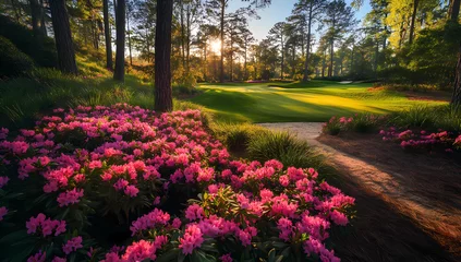 Gordijnen Sunrise at Augusta National Golf Course: A picturesque scene of vibrant pink azaleas blooming at the edge of a lush green golf course, bathed in the warm golden light of sunrise. © DASHINKAN