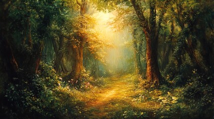 A serene forest scene bathed in warm golden light. Tall trees with lush green foliage surround a winding path that leads deeper into the woods. Soft rays of sunlight filter through the canopy, illumin