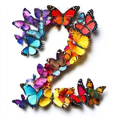 Number two - font made with colorful butterflies, white background, close-up