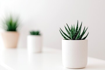 A Single Succulent Plant in a White Pot with Specks on a White Surface