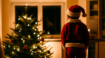 Obraz premium Child in Santa Claus Costume by Christmas Tree