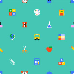 Colorful back to school icon seamless pattern. Modern flat education symbol background, fun study concept wallpaper print. Children stationery texture, art supplies symbol design.