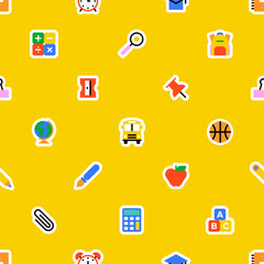 Colorful back to school icon seamless pattern. Modern flat education symbol background, fun study concept wallpaper print. Children stationery texture, art supplies symbol design.