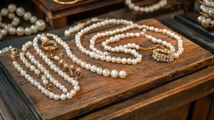 Elegant Pearl Jewelry Display on Rustic Wood