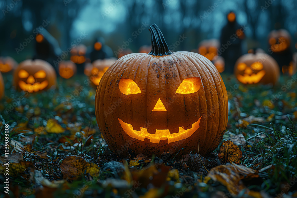 Poster a pumpkin patch with haunted scarecrows that seem to move in the shadows creates a sinister setting 