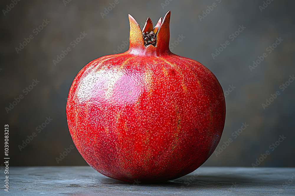 Poster a pomegranate isolated from the background shows its round shape and rich red color. concept of frui