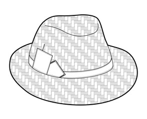 Crafted Straw Fedora Hat with band. Head Fashion accessory cap clothing technical illustration. Vector headgear for Men, women, unisex style, flat template CAD mockup sketch outline isolated
