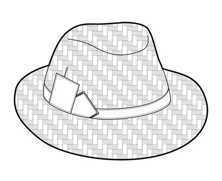recommend clip art: Crafted Straw Fedora Hat with band. Head Fashion accessory cap clothing technical illustration. Vector headgear for Men, women, unisex style, flat template CAD mockup sketch outline isolated