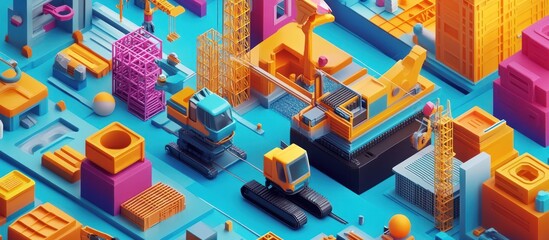 3D isometric illustration of a construction site with colorful buildings, cranes, and equipment.