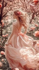 Fototapeta premium Enchanting girl in flowing pink dress amidst blossom garden captures the essence of girlhood design