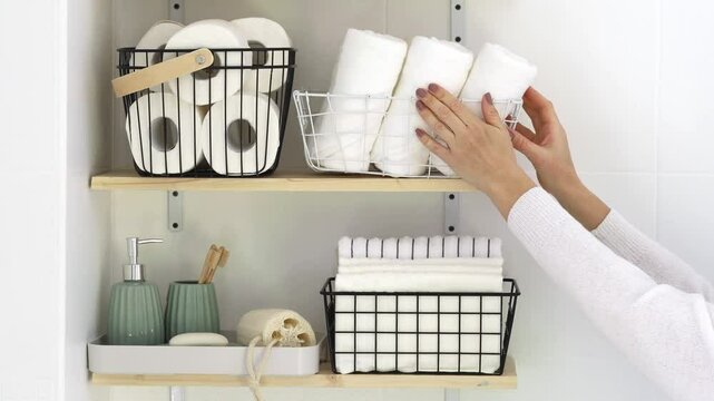 Female hands fold a clean towel into a stylish minimalist basket in the bathroom.