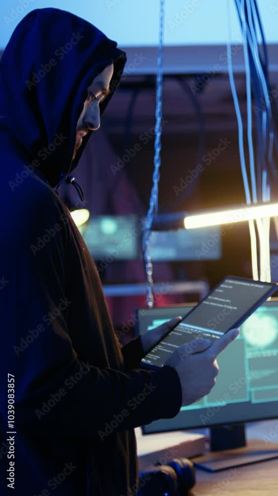 Aufkleber vertical video lone wolf hacker in neon lit secret hideout trying to hide his online activity after 