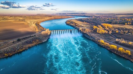 Aerial View of Turquoise River and Dam Structure