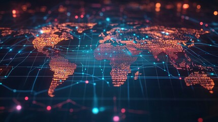 Fototapeta premium A Digital World Map with Interconnected Lines and Glowing Nodes