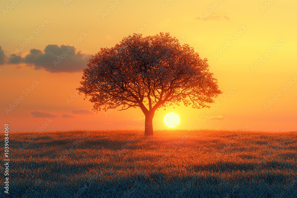 Poster a lone tree standing in a golden field as the sun sets behind it creates a simple yet powerful image