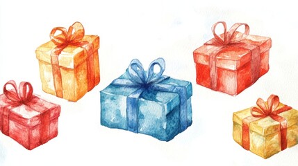Fototapeta premium Watercolor Painted Birthday Presents Illustration