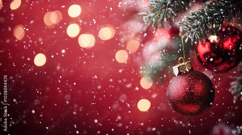 Poster Festive Red Christmas Ornaments Hanging on Tree with Bokeh and Snowfall in the Background