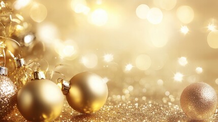 Golden Christmas Ornaments in a Glimmering Festive Holiday Setting with Soft Focus Effect