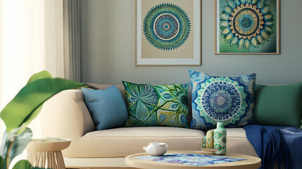 Bohemian Living Room: A stylish living room interior in a serene setting, with artistic cushion, intricate wall decor and calming sunlight, perfectly capturing the essence of relaxation.