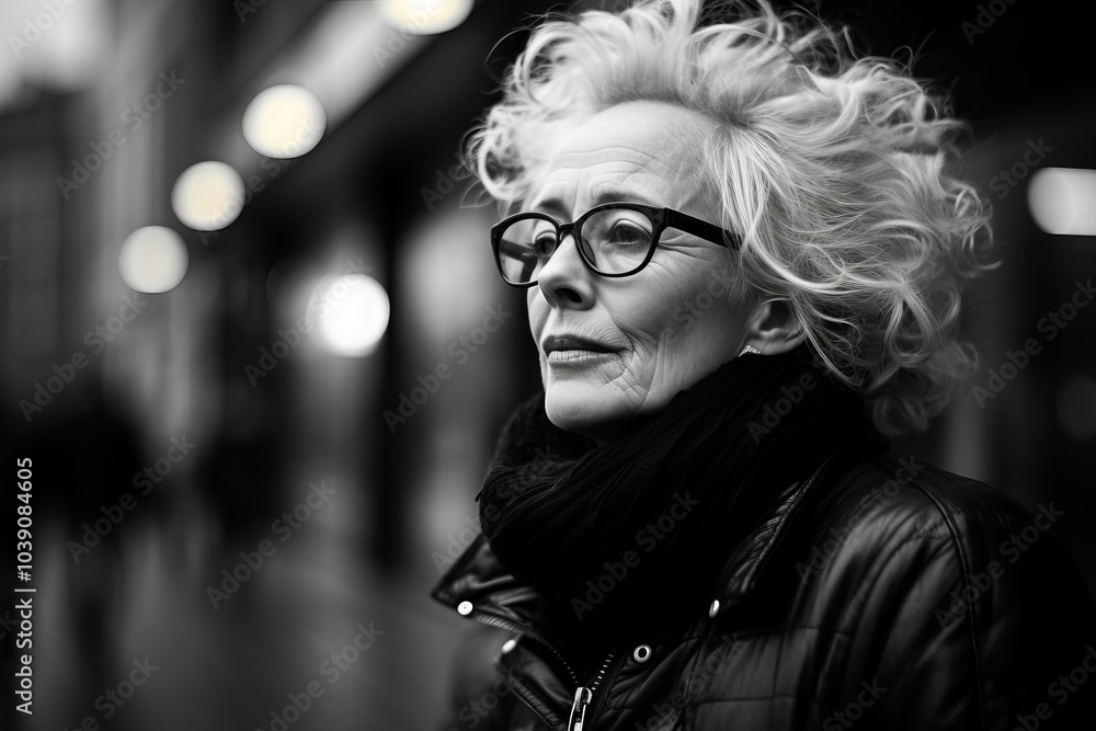 Wall mural Portrait of a beautiful senior woman in glasses. Black and white photo.