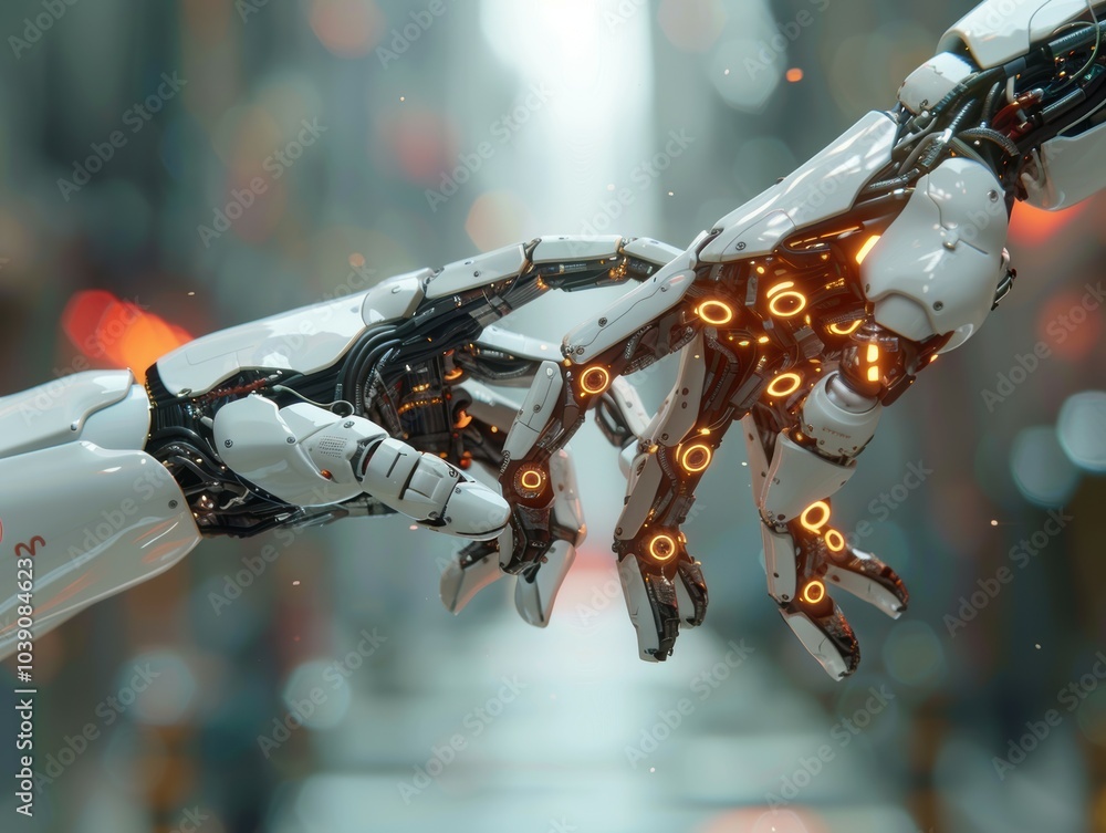 Poster exploring the synergy between advanced robotic hands and human interaction in modern workspaces