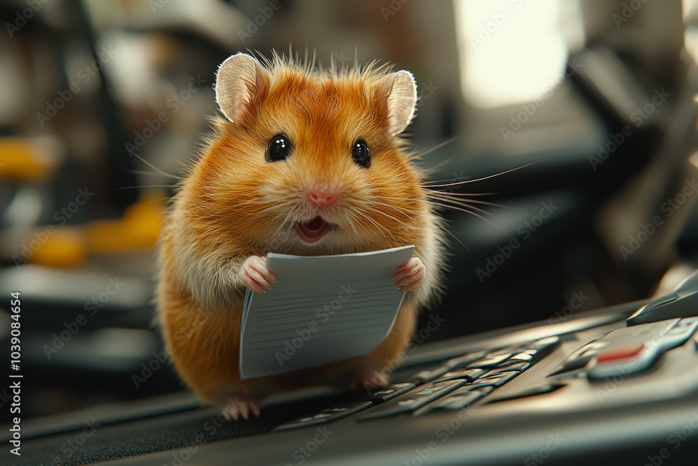 Aufkleber a hamster running on a treadmill while holding a report illustrates the futility of overwork. concep