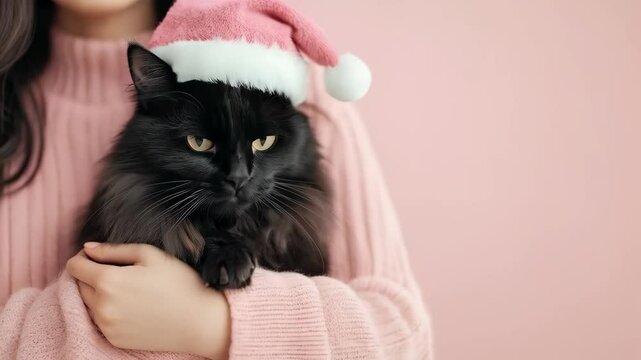 Woman holding black cat with santa hat isolated on pink background. Christmas, New Year celebration. Winter holiday. Festive concept for pet shop and veterinary clinic