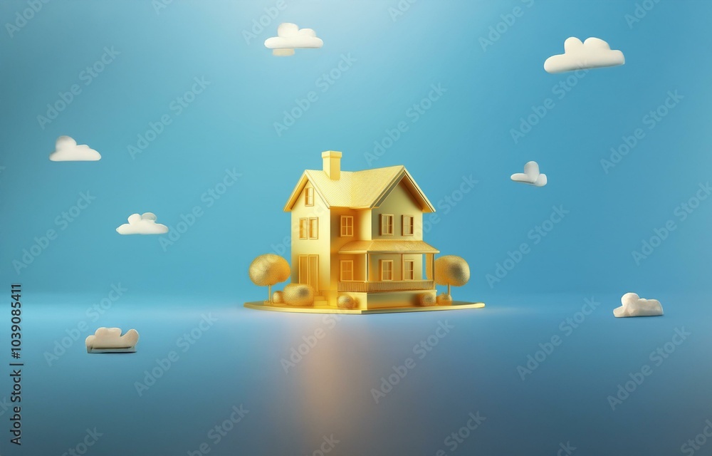 Poster a gold house sits on a platform with small trees and bushes in front of it. white clouds are scatter