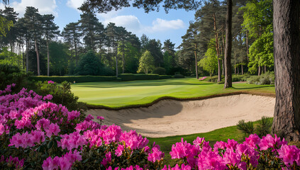 Obraz premium Golf Course Paradise: A stunning golf course scene with vibrant pink flowers in the foreground, a pristine sand trap, and towering green trees under a beautiful sky.