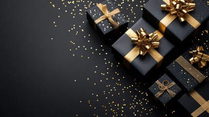 Black gift boxes with gold ribbons and confetti on black background