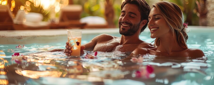 Happy couple enjoying a relaxing moment in a hot tub, smiling and holding drinks, romantic vacation. Free copy space for text. - Powered by Adobe