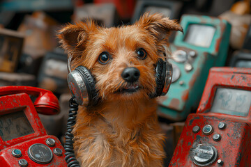 A dog overwhelmed by multiple phones ringing portrays the endless demands of customer service. Concept of animals in human roles.