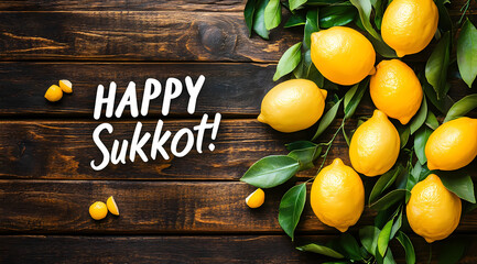 Sukkot lemons: A bright display of fresh, yellow lemons and vibrant green leaves. celebrating a Jewish harvest festival. the image captures the holiday's symbols on a rustic wooden surface.