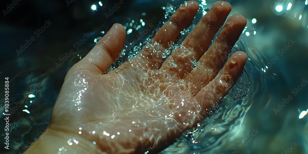 Poster a hand submerged in water, capturing light and droplets, creating a serene effect.