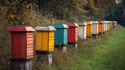 Colorful beehives lined up in autumn meadow apiary scene