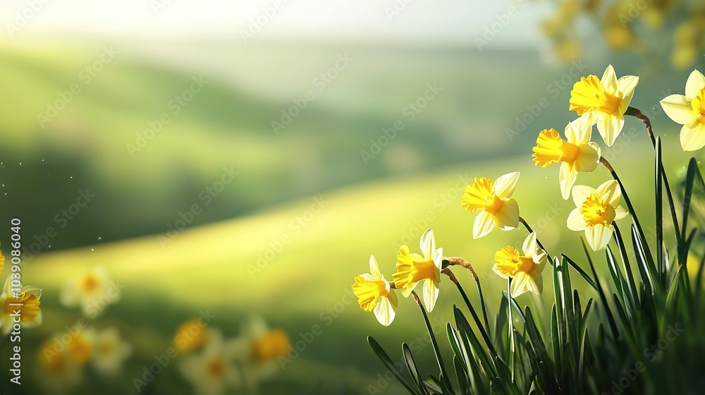 Poster   A field of green grass dotted with yellow daffodils and a hazy sky in the distance