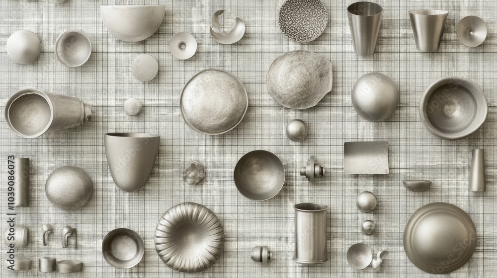 Poster metallic shapes and textures on a grid background