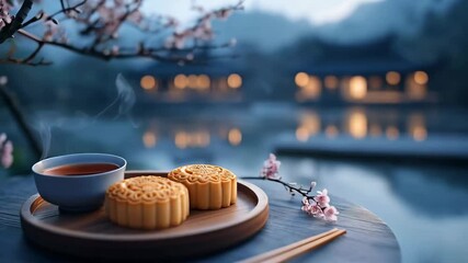 Mooncakes and cup of green tea with blurred asian landscape. Mid-autumn festival. Festive Chinese food. Asian traditional relaxing on thermal hot springs. Sauna and spa. Travel and vacation