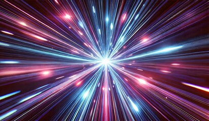 Fototapeta premium Neon Burst: A Dynamic and Energetic Design of Radiating Neon Light Beams in Blue and Pink, Simulating High-Speed Motion