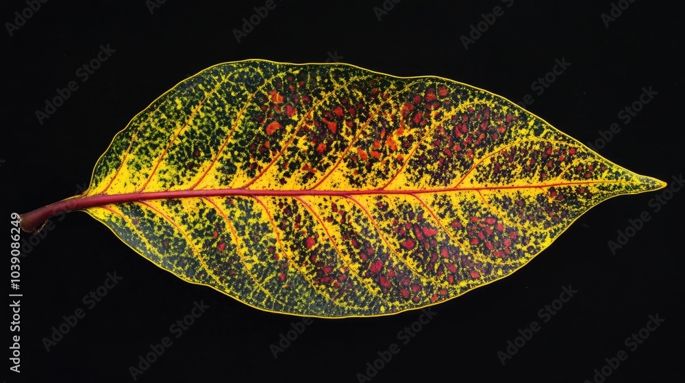 Poster vibrant leaf with colorful patterns on black background