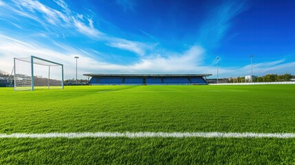 A vast outdoor soccer field with lush green grass, white goalposts, and a clear blue sky