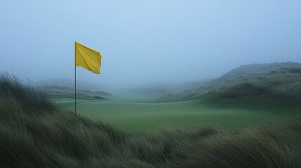 A vibrant yellow flag waves gently on a foggy golf course, enveloped by rolling greens and a misty, mysterious atmosphere