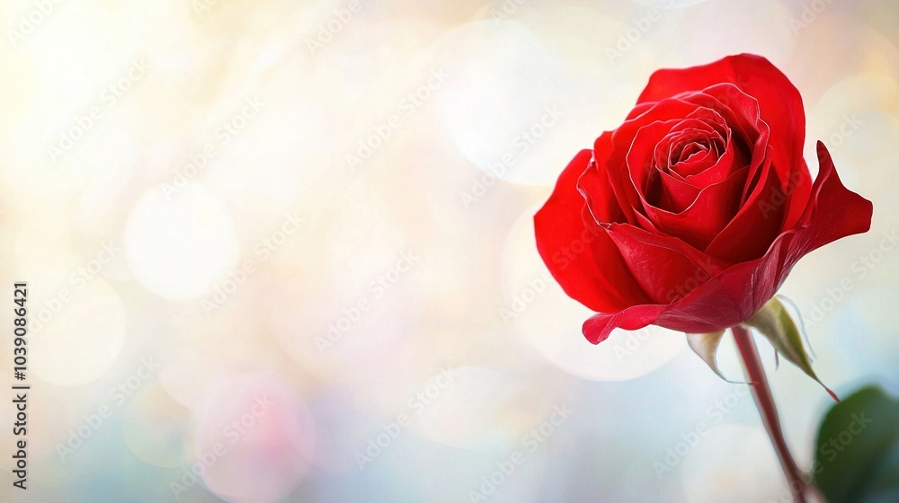 Sticker   Close-up of a single red rose on a blurred background with soft light in the backdrop