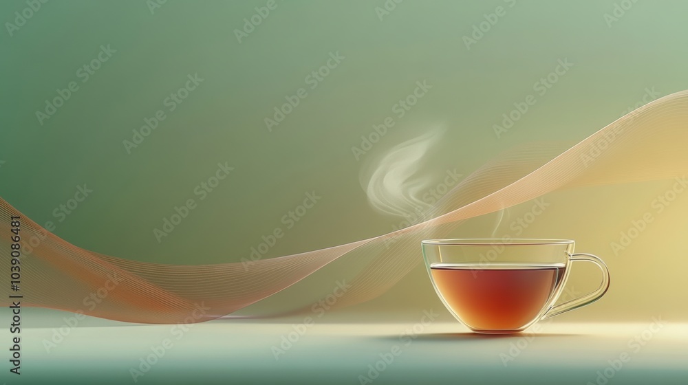 Poster a clear glass tea cup filled with warm liquid emits smooth curving steam, creating a calming and inv